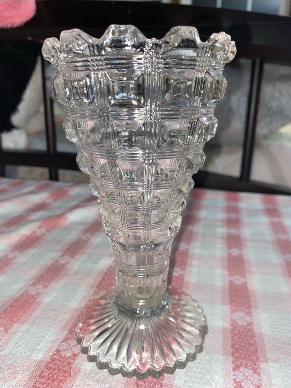 Antique Westmoreland No. 124 Berlin Reeded Waffle Clear Glass Vase, c. 1924